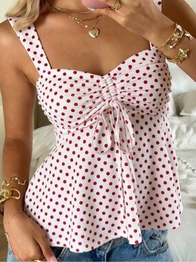 White Polka Dot Tie-Front Tank Top - Red Dots